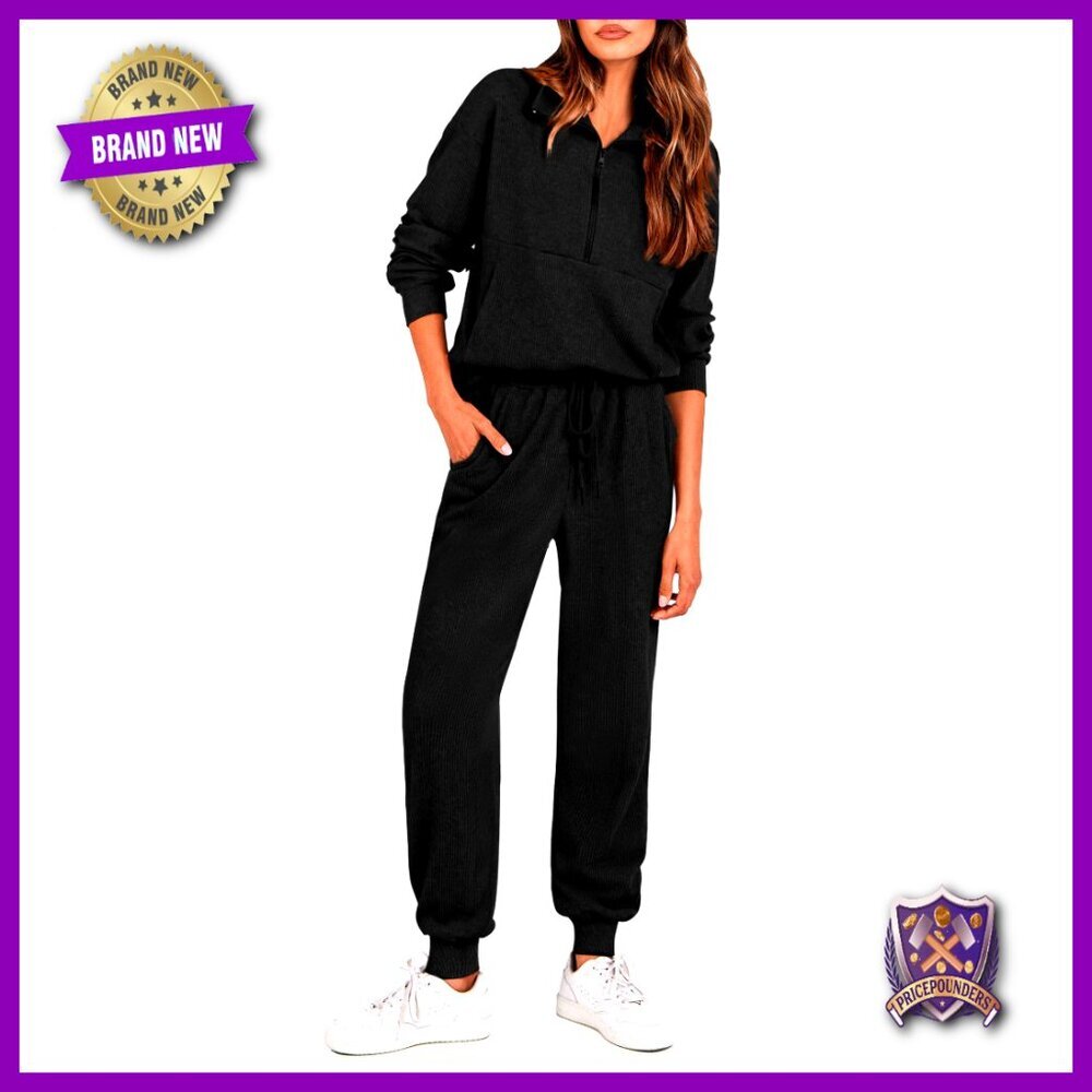 Half Zip Sweatshirt Jogger Set Ribbed Knit Lounge Travel Athleisure